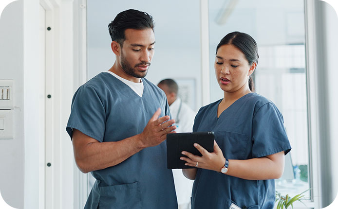 Medical advice, help and doctors with a tablet for healthcare, research and medicine planning. Communication, collaboration and men working in cardiology talking about surgery results on technology